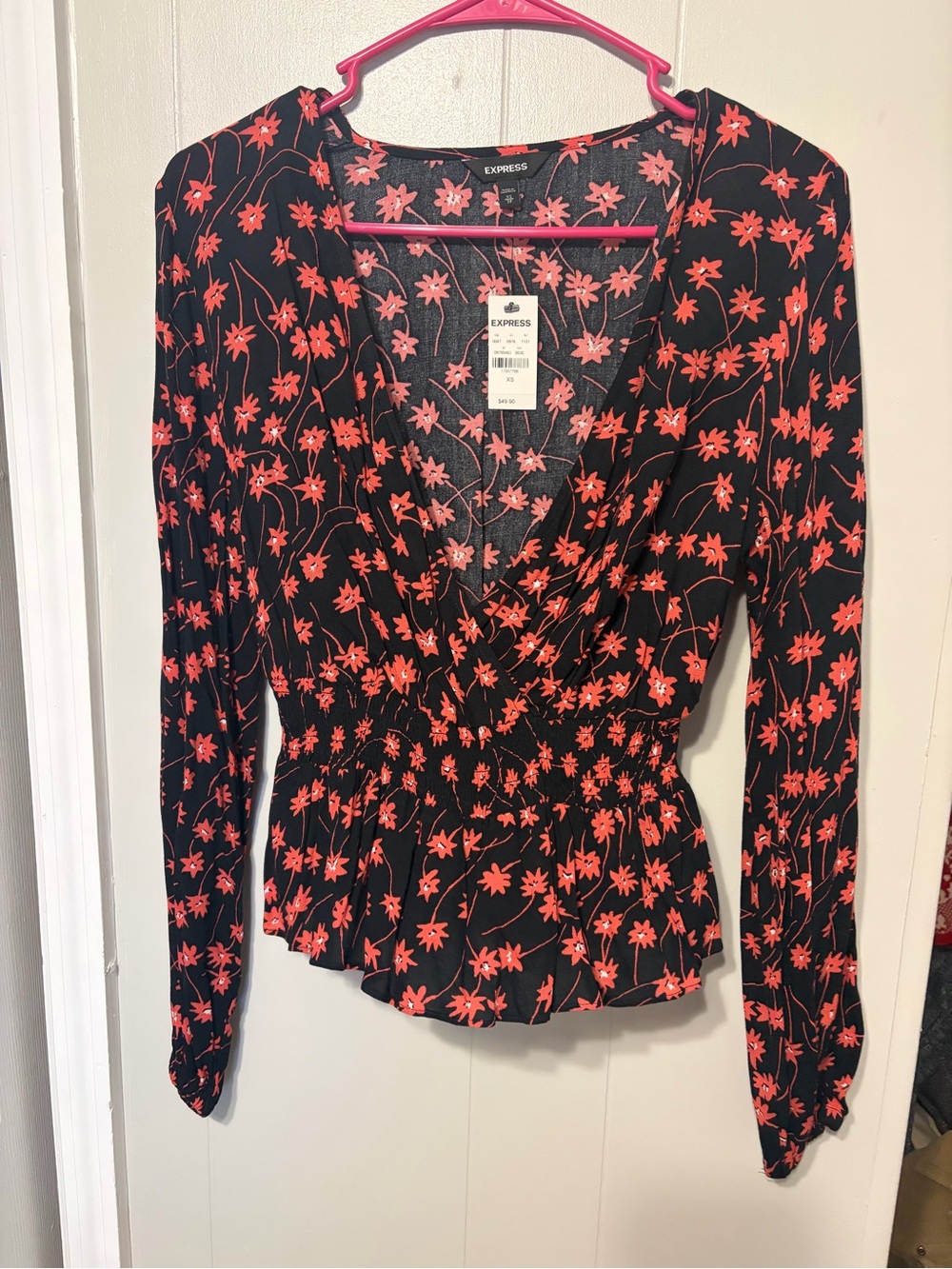 Express Black Long Sleeve Floral Peplum Top with Red Flowers